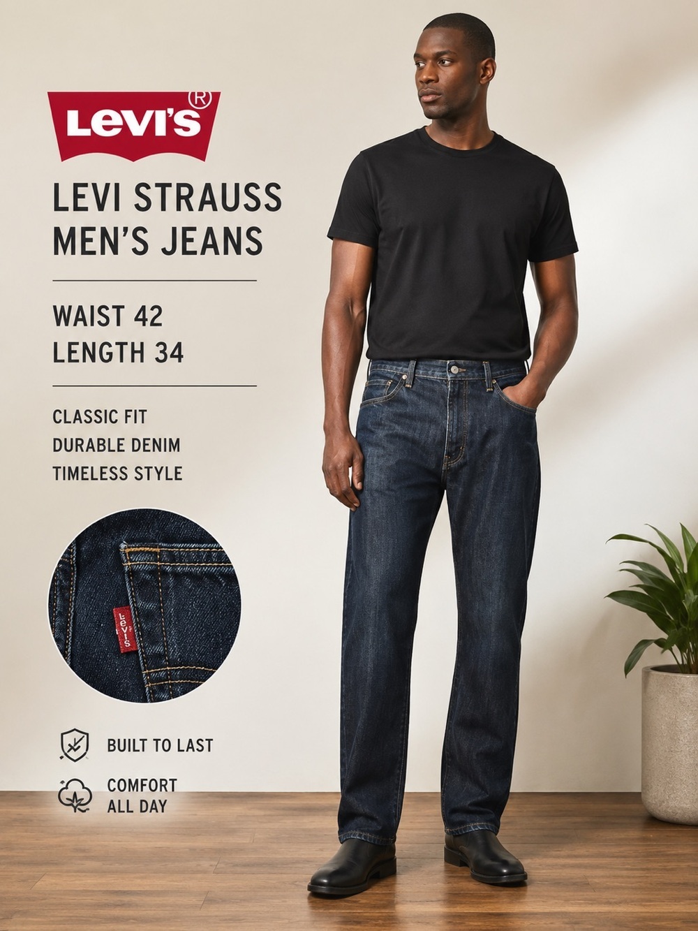 Levi's Men's Dark Blue Classic Fit Jeans 42W 34L tall